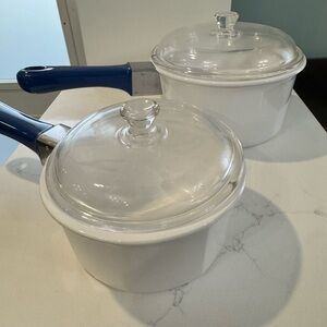 Nouveau Princess House White Cookware Set with Blue Handles, 2 quarts & 1 quart